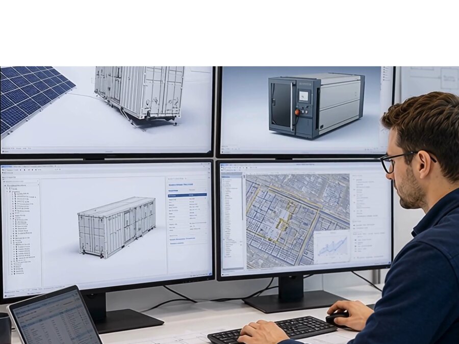 DEREC engineer reviewing electrical and 3D CAD models across multiple monitors